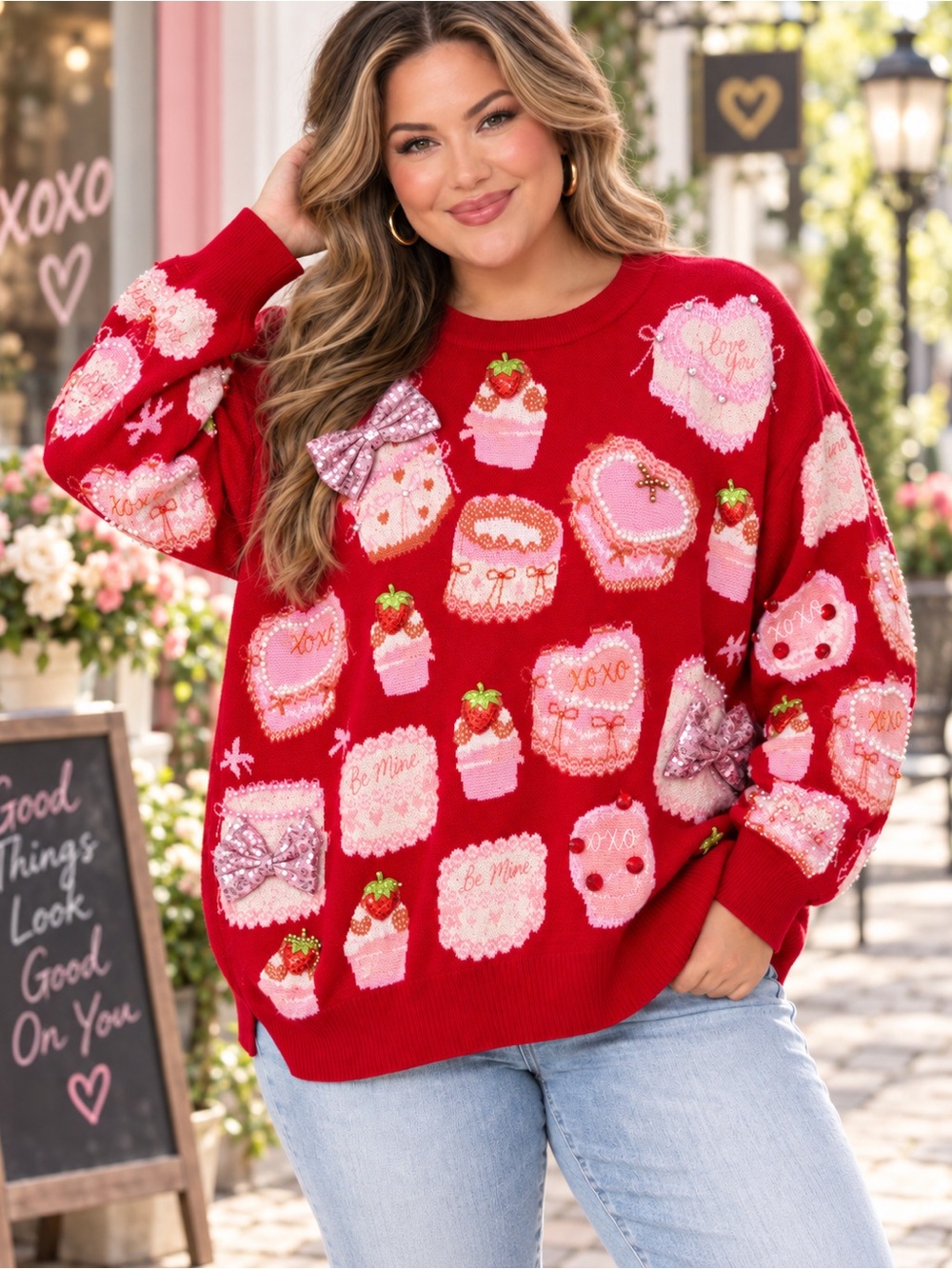 Queen of Sparkles Red Valentine Sweater L NWT 3D Bows Pearls Rhinestones XOXO
